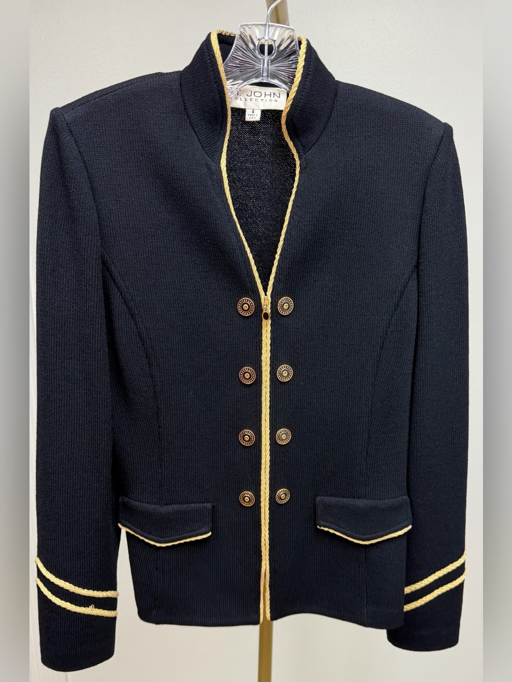 St. John Black Knit Blazer with Gold Braid Trim Size 4